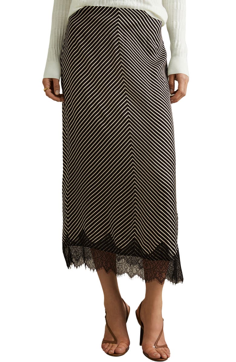 Reiss Ivy Stripe Lace Trim Midi Skirt, Main, color, Black/ Ivory