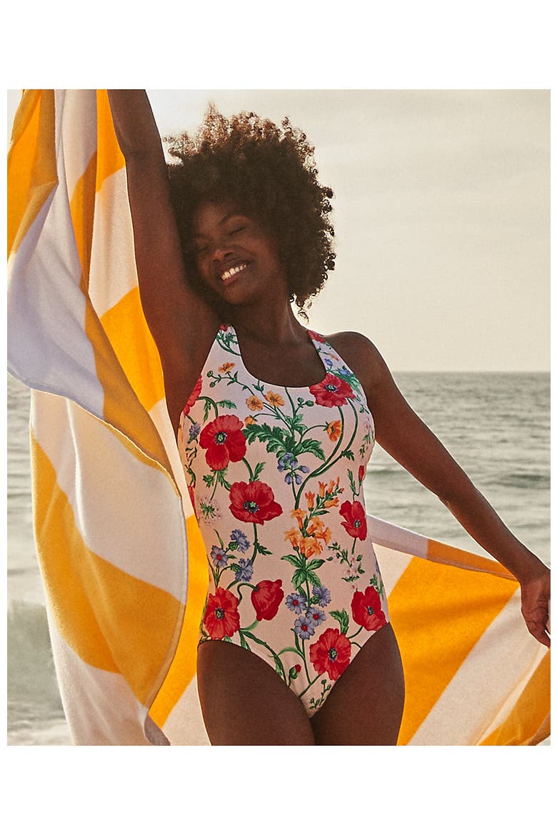 Chlorine Resistant Scoop Neck X-Back One Piece Swimsuit, Alternate, color, Egret/Poppy Floral