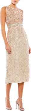 Mac Duggal Sleeveless High Neck Beaded Midi Sheath Dress