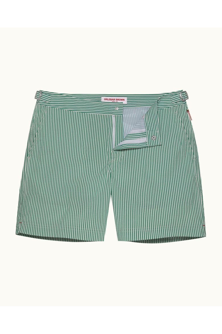 Bulldog Mid-Length Classic Fit Stripe Seersucker Swim Shorts, Main, color, Fresh Lawn/White Stripe