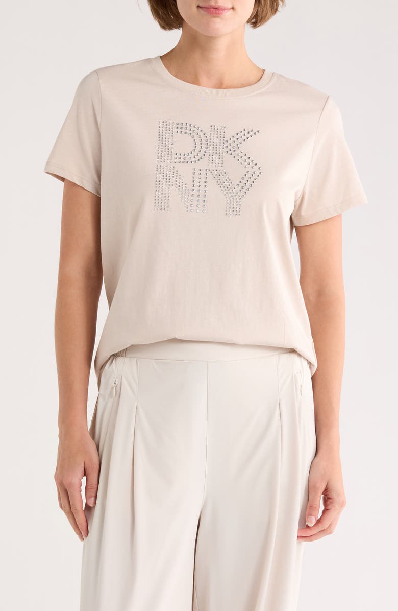 DKNY Mixed Rhinestone Logo T-Shirt, Main, color, Oat/ Silver