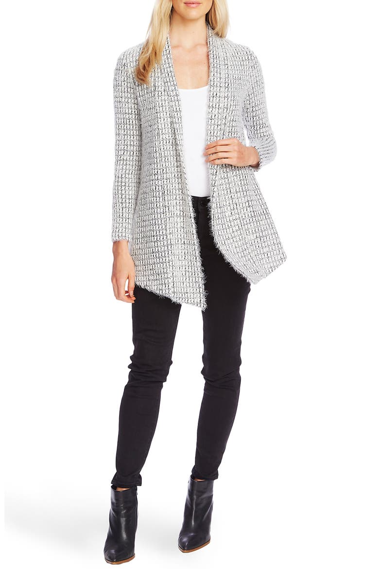 Drape Front Eyelash Houndstooth Cardigan, Alternate, color, RICH BLACK