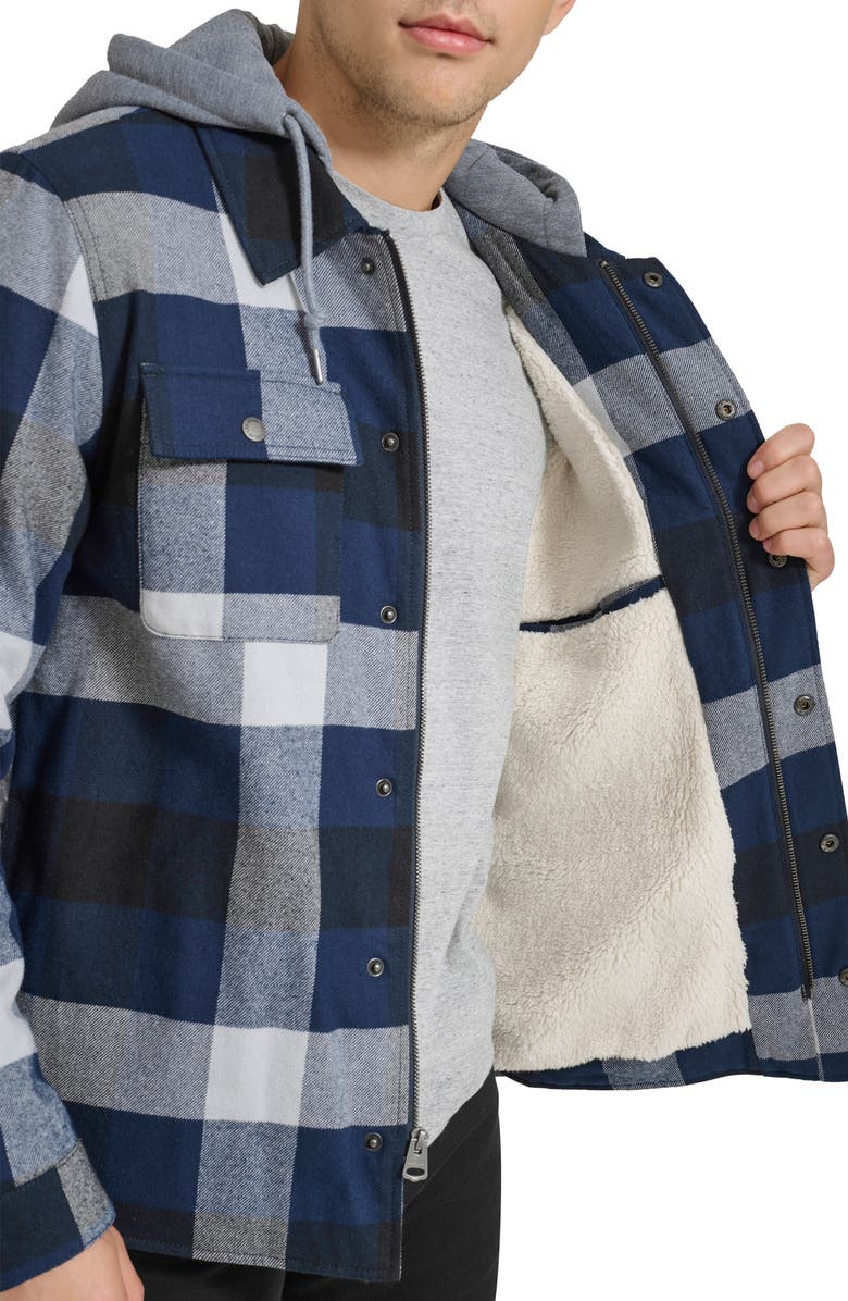 Levi's Plaid Faux Shearling Lined Jersey Hood Shirt Jacket, Alternate, color, Navy Twill