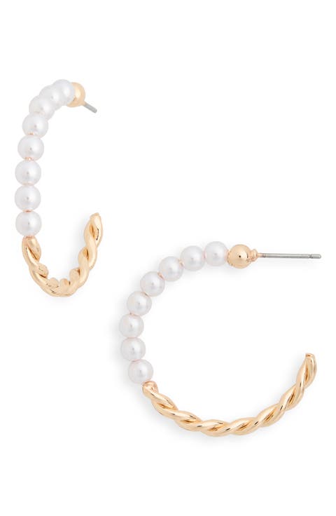 Faux Pearl Twist Metal Hoop Earrings