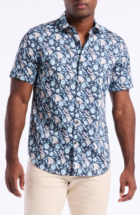 Floral Print Short Sleeve Cotton Button-Up Shirt