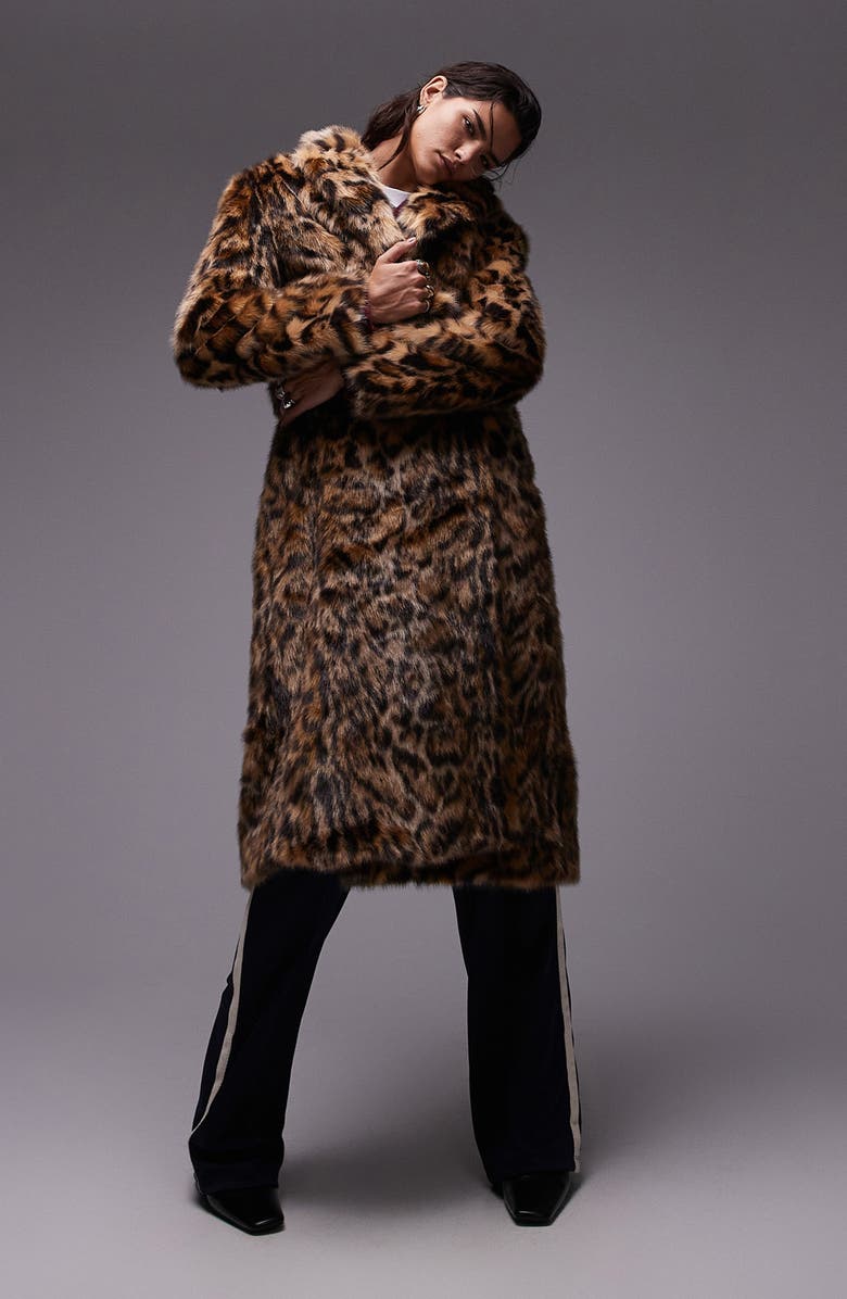 Topshop Leopard Faux Fur Longline Coat, Alternate, color, 