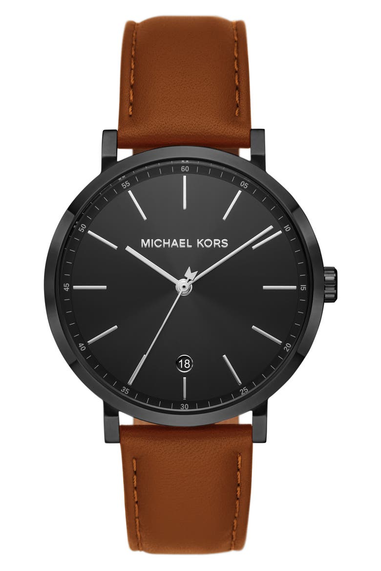 Irving Leather Strap Watch, 42mm, Main, color, BLACK