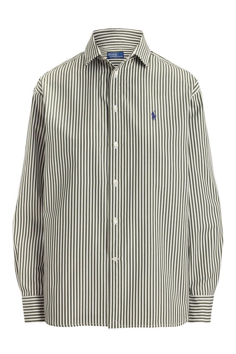 Stripe Relaxed Fit Cotton Button-Up Shirt, Alternate, color, DARK GREEN/ WHITE