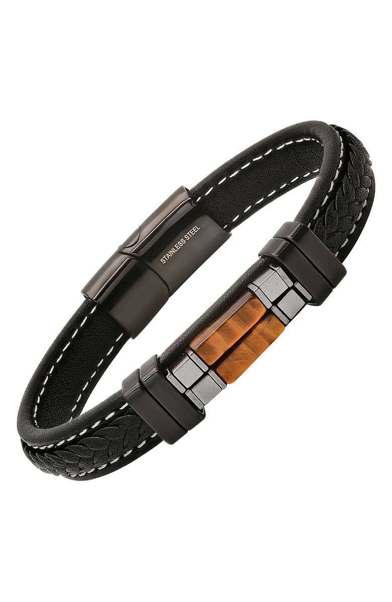 HMY JEWELRY Men's Black Braided Leather Bracelet, Alternate, color, Black Multi