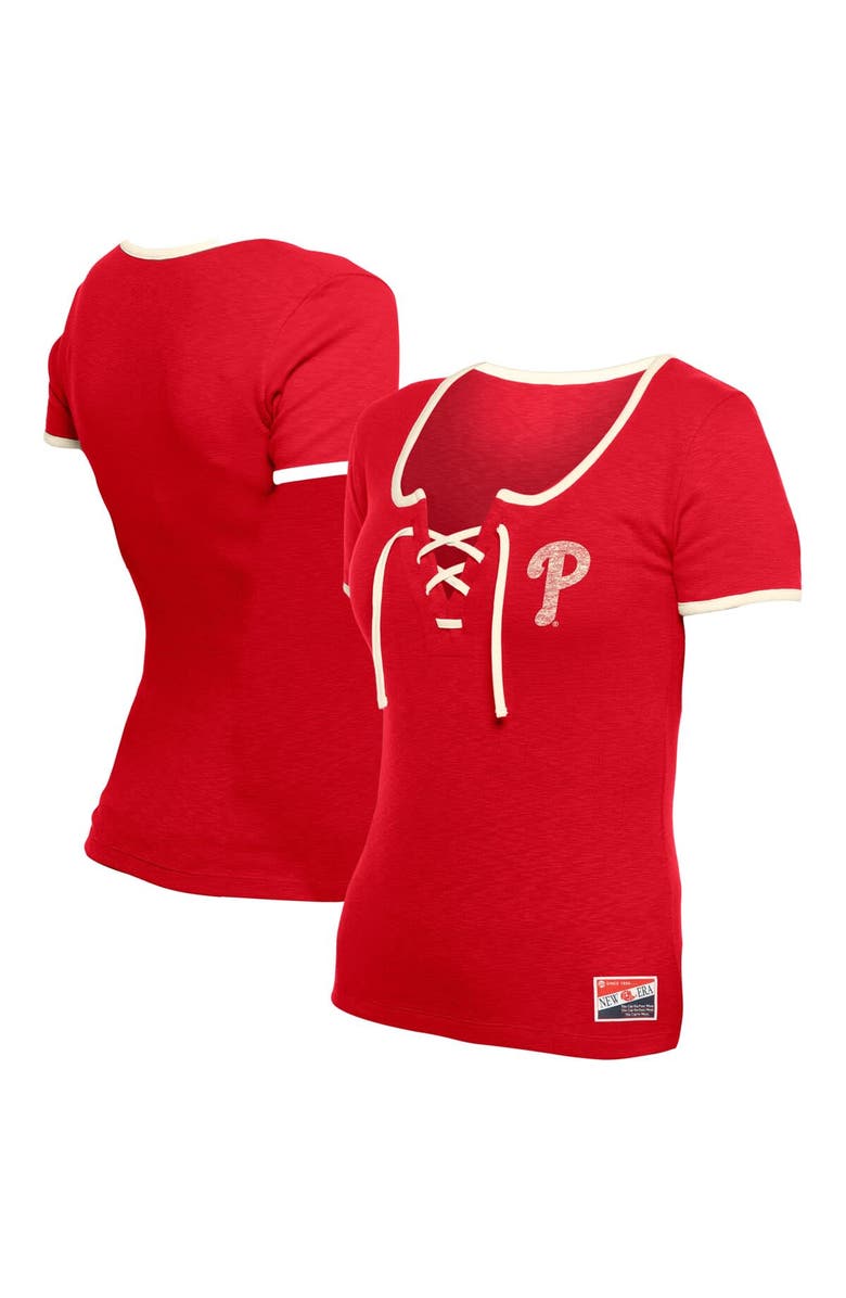 New Era Women's New Era Red Philadelphia Phillies Throwback Lace Up T-Shirt, Alternate, color, 