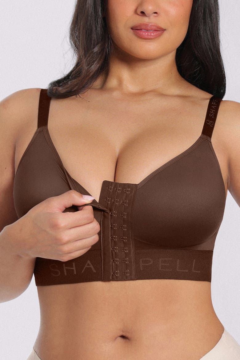 Wireless Front Closure Back Smoothing Unlined Adjustable Strap Everyday Bra, Alternate, color, Brown