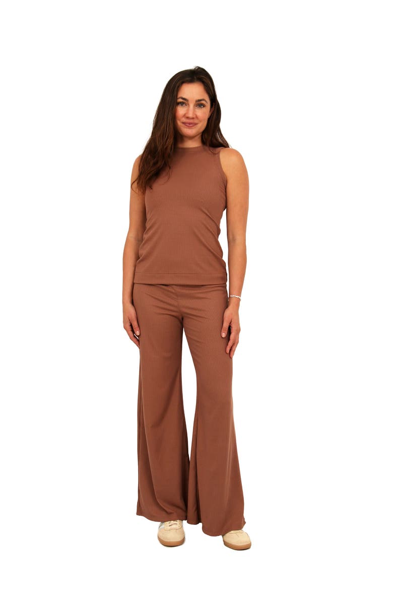 Womens Basic Ribbed Knit Tank Top and Elastic Waist Wide Leg Pant Set, Main, color, Mocha