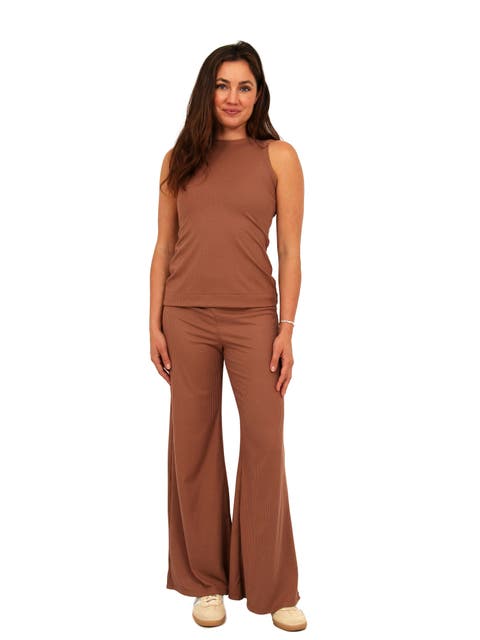 Womens Basic Ribbed Knit Tank Top and Elastic Waist Wide Leg Pant Set