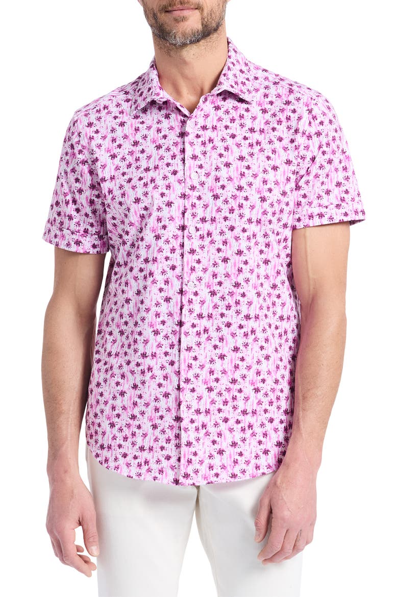 Bramwell Floral Short Sleeve Knit Button-Up Shirt, Main, color, PINK