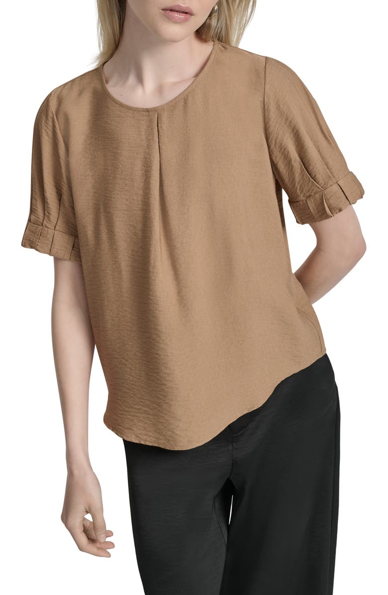 DKNY Crinkle Texture Short Sleeve Top, Main, color, Truffl