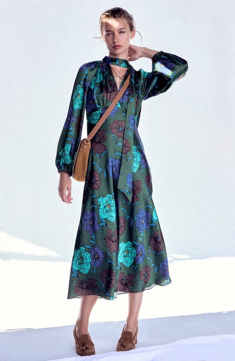 Tie Neck Long Sleeve Satin Midi Dress