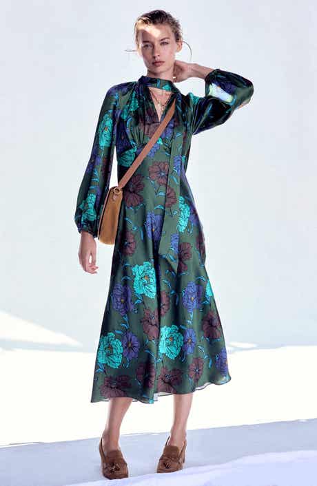 Boden Tie Neck Long Sleeve Satin Midi Dress