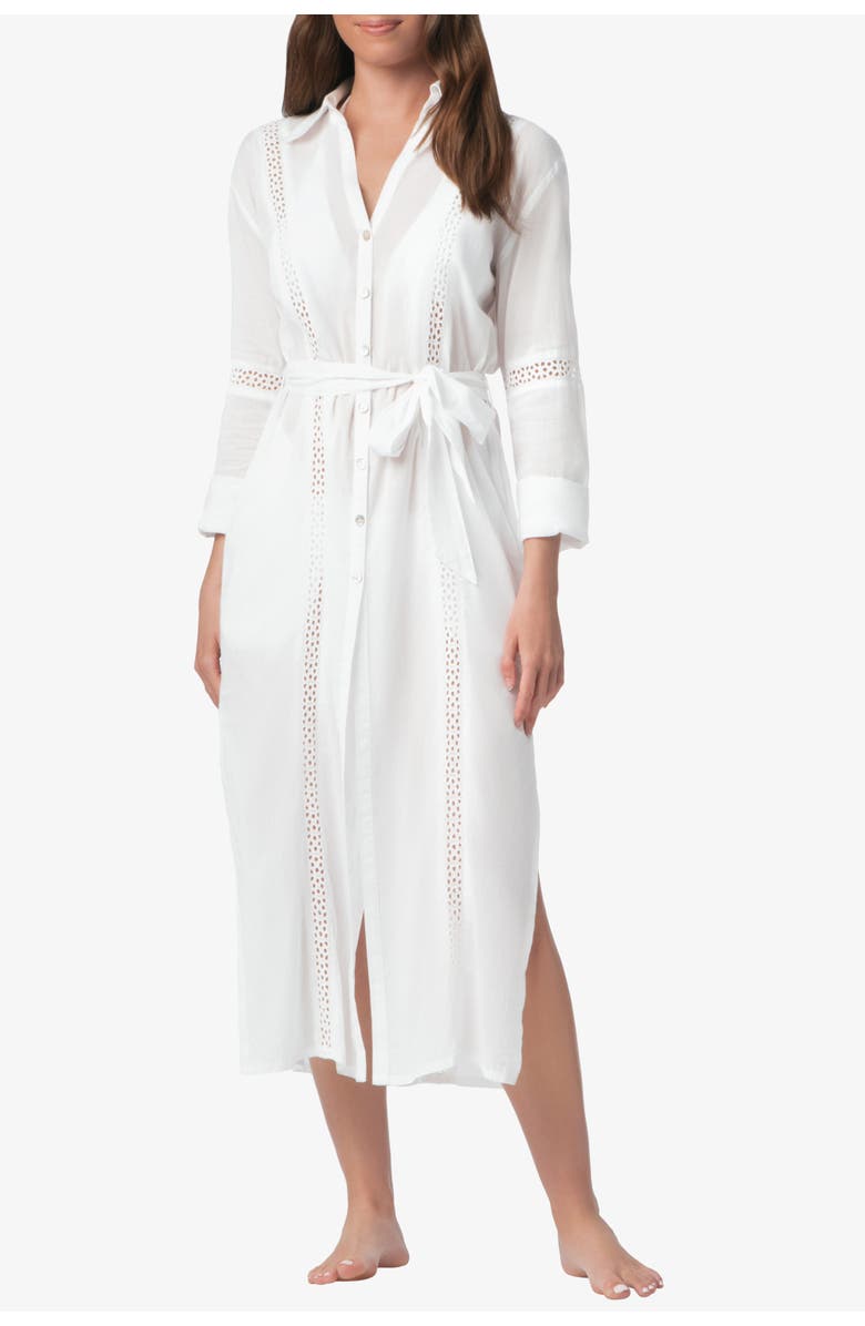 HELEN JON Eyelet Trim Long Shirt Dress, Main, color, White