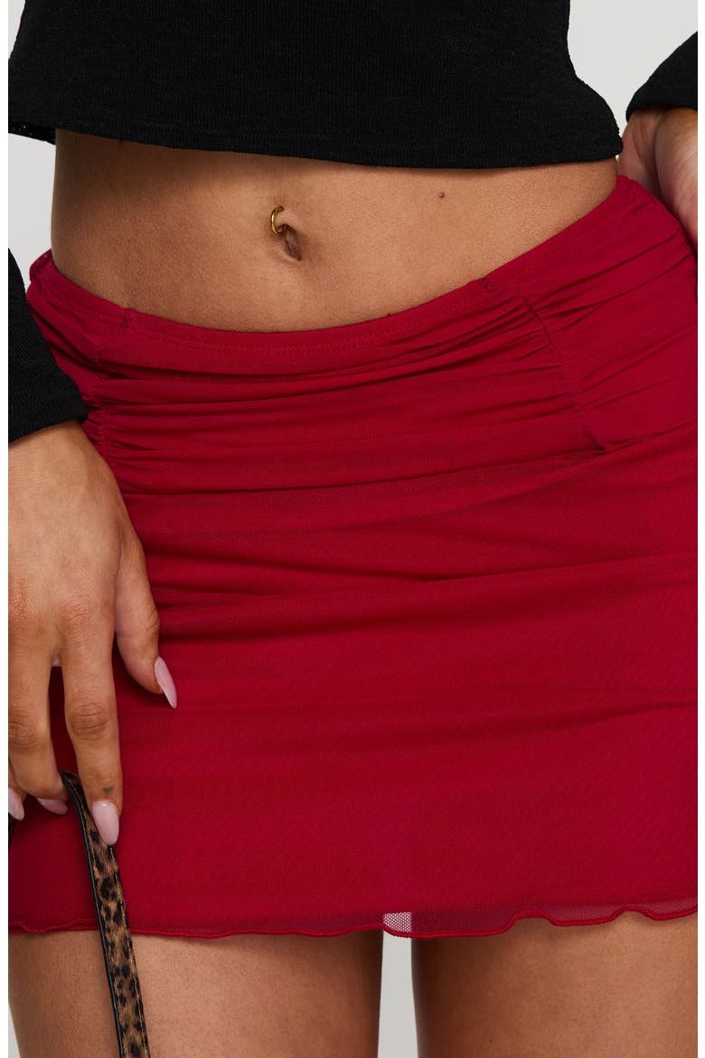 Meredith Ruched Mesh Miniskirt, Alternate, color, RED