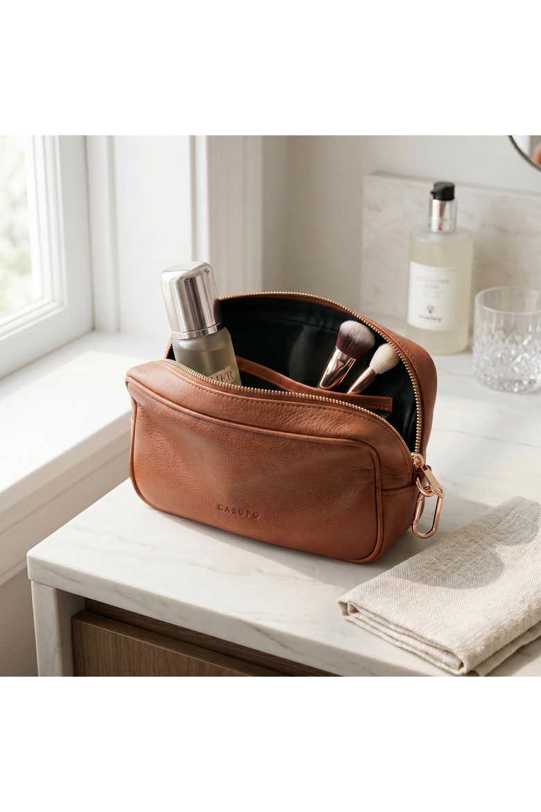 Large Leather Cosmetic Bag, Alternate, color, Tan