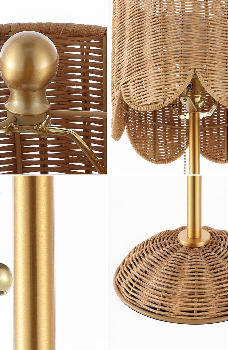 JONATHAN Y Celerie 27.5" Coastal Bohemian Rattan/Iron Scalloped Buffet LED Table Lamp with Pull Chain, Alternate, color, Natural/Brass Gold
