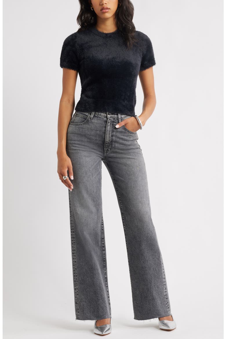 Fuzzy Short Sleeve Sweater, Alternate, color, BLACK
