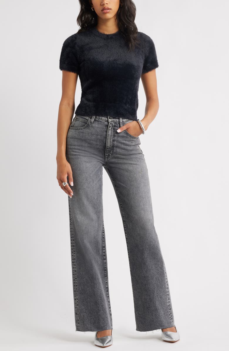 Open Edit Fuzzy Short Sleeve Sweater, Alternate, color, Black