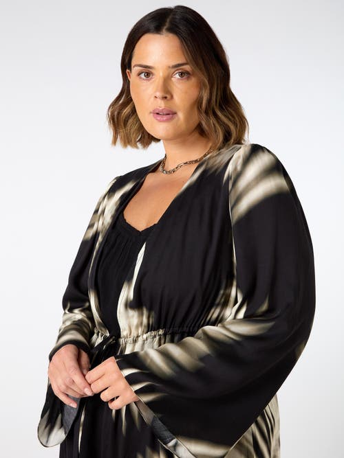 Live Unlimited Leaf Print Longline Drawstring Kimono In Black