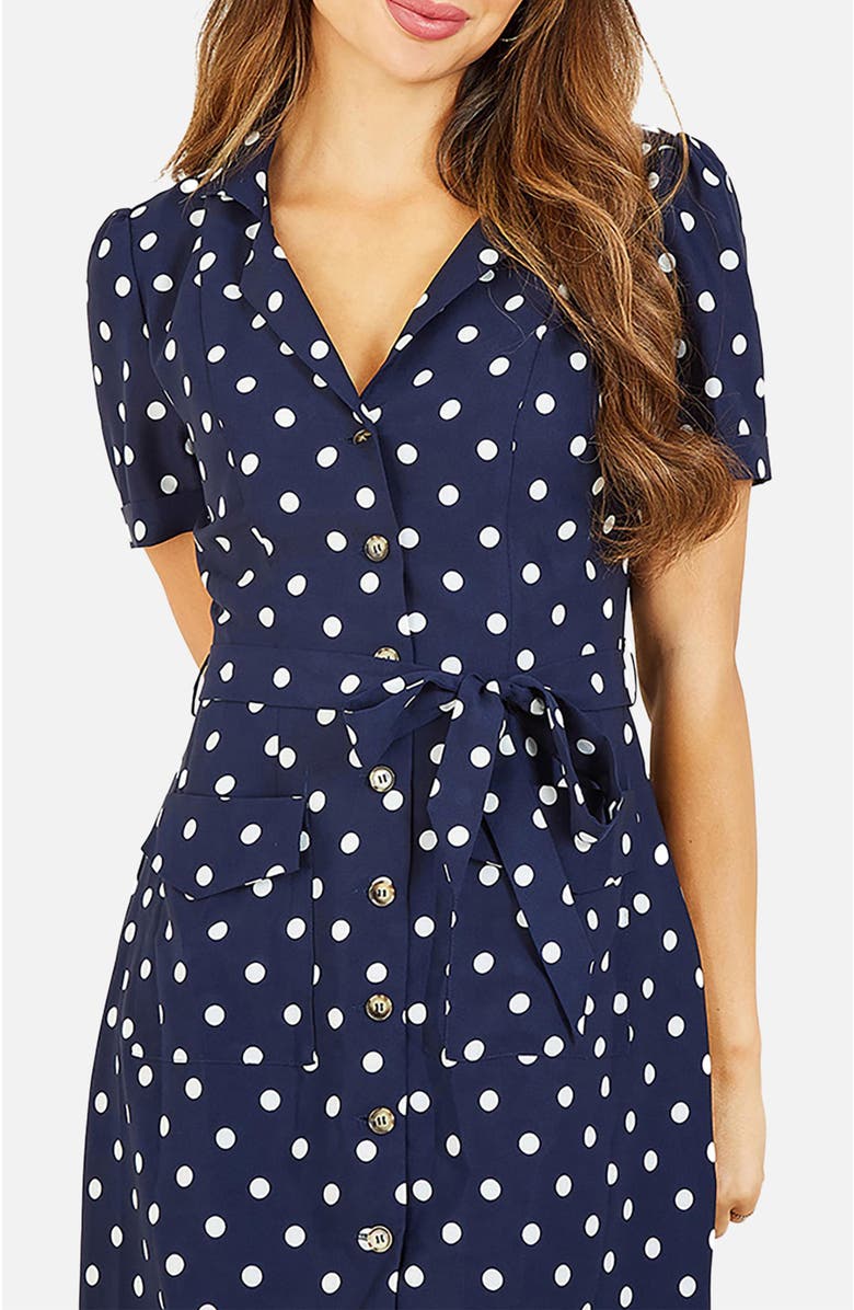 Yumi Retro Shirt Polka Dot Dress, Alternate, color, Navy
