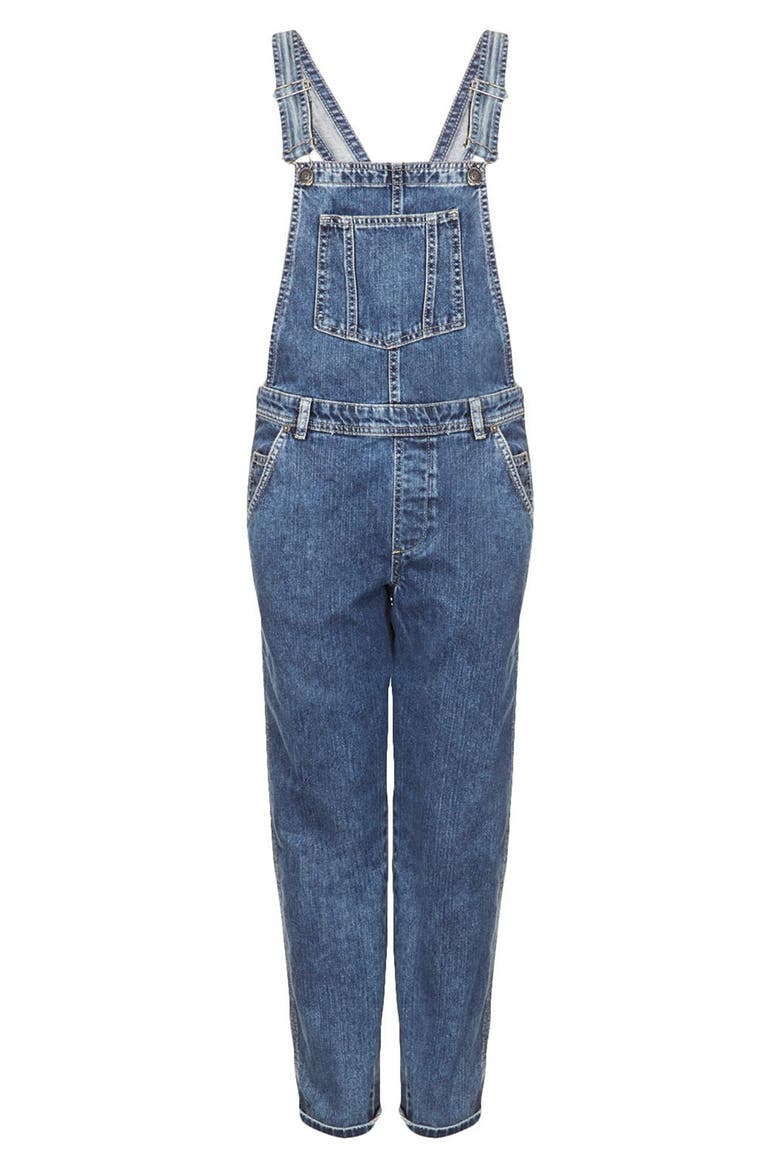 Moto Crop Denim Overalls, Alternate, color, MID STONE