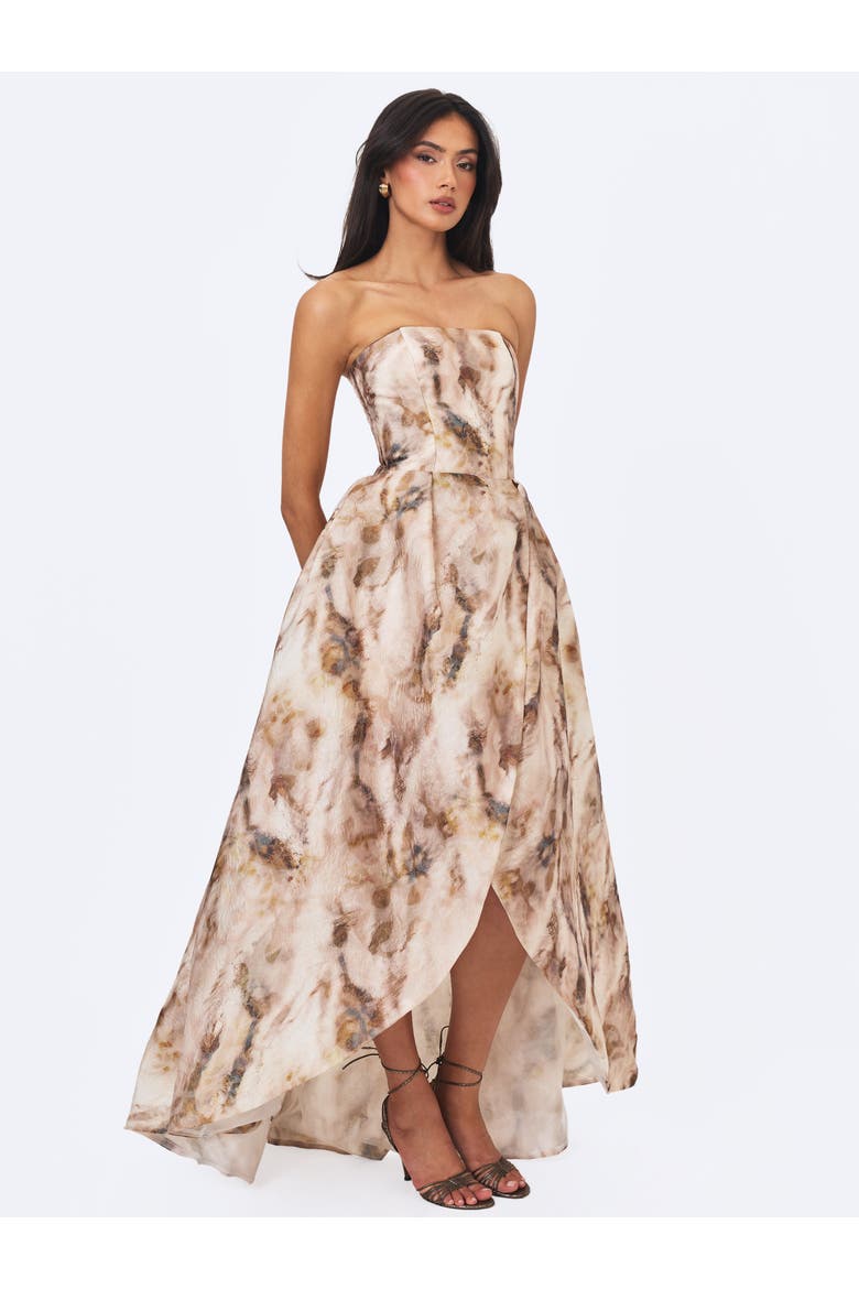 Micaela Watercolor Jacquard Chiffon Dipped Hem Gown, Alternate, color, Camel