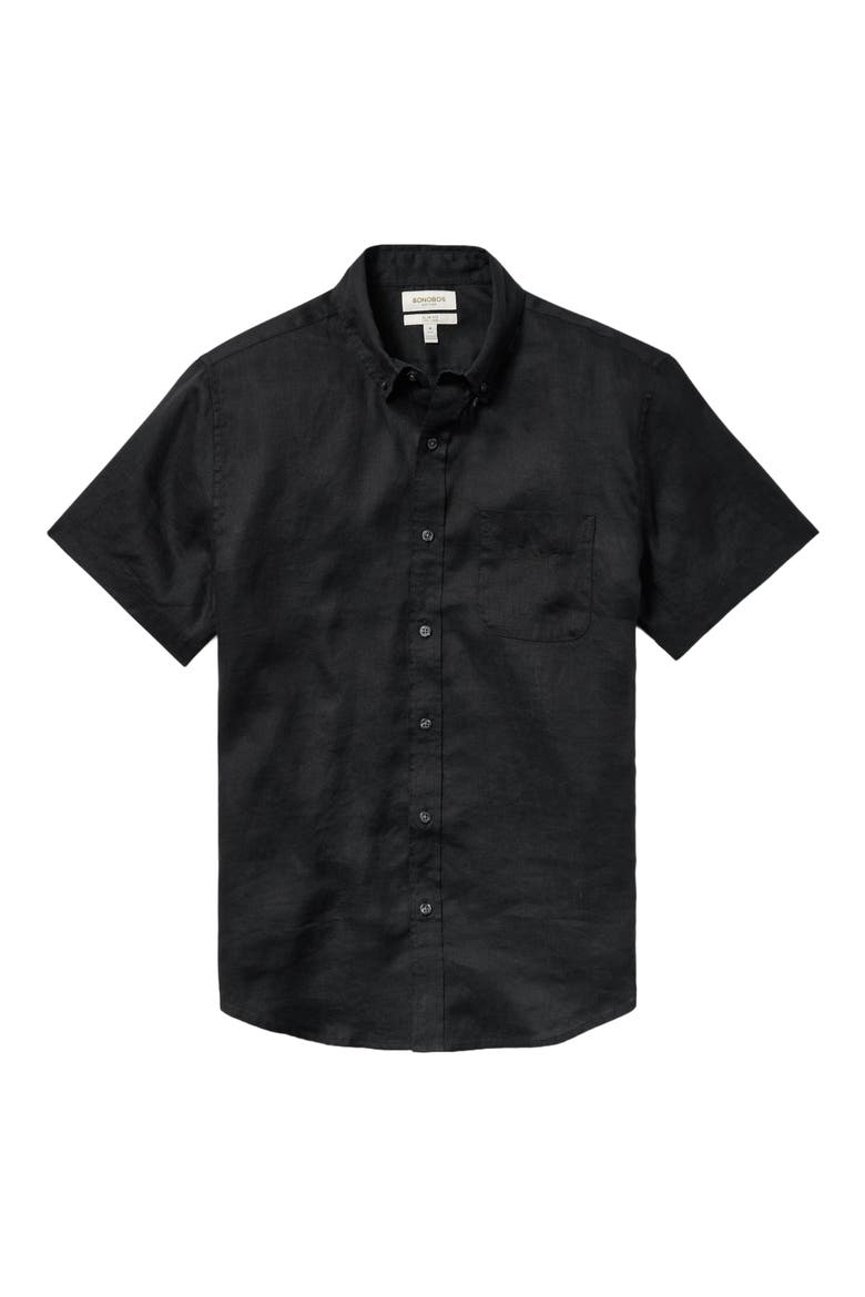 Slim Fit Linen Short Sleeve Shirt, Alternate, color, BLACK LINEN
