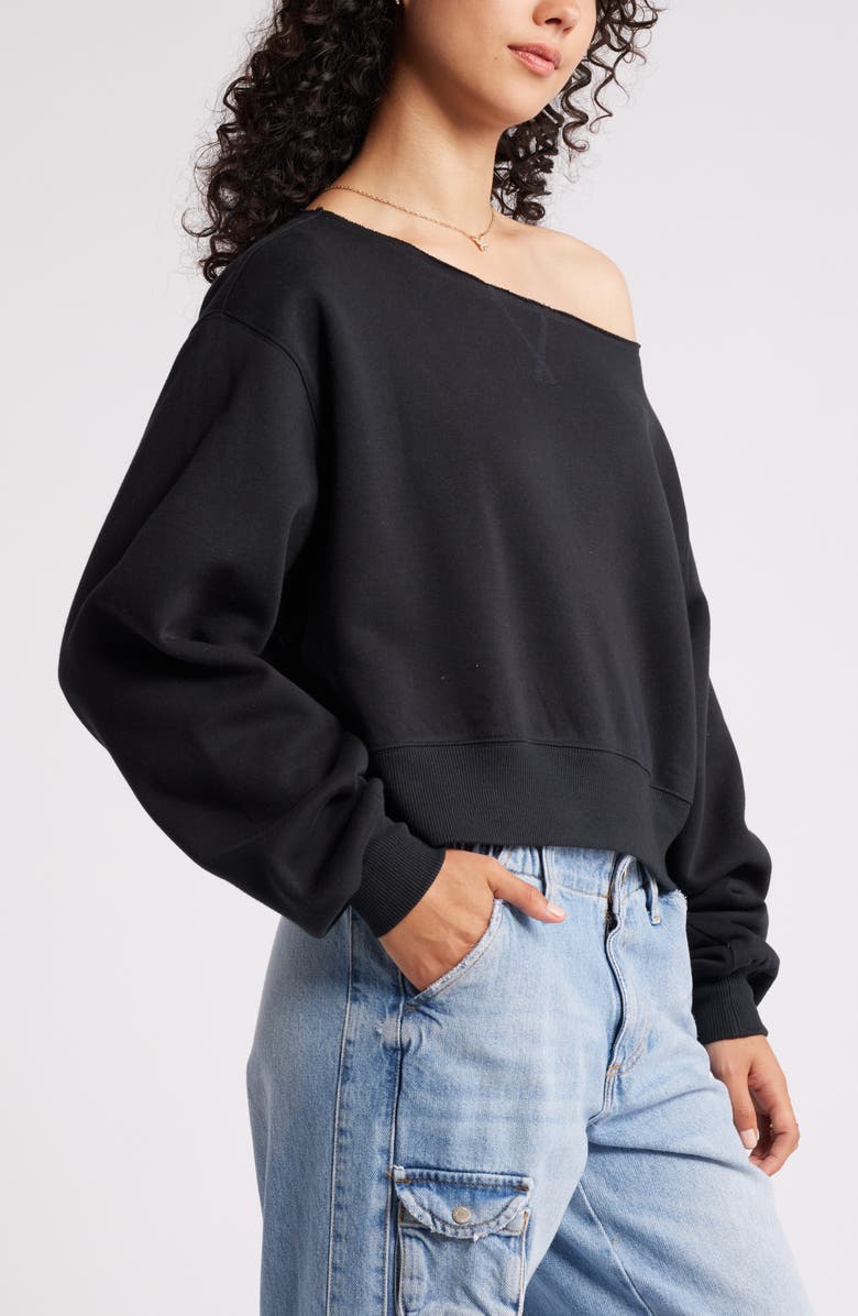 BP. Fleece Detail Off the Shoulder Sweatshirt, Alternate, color, Black Jet