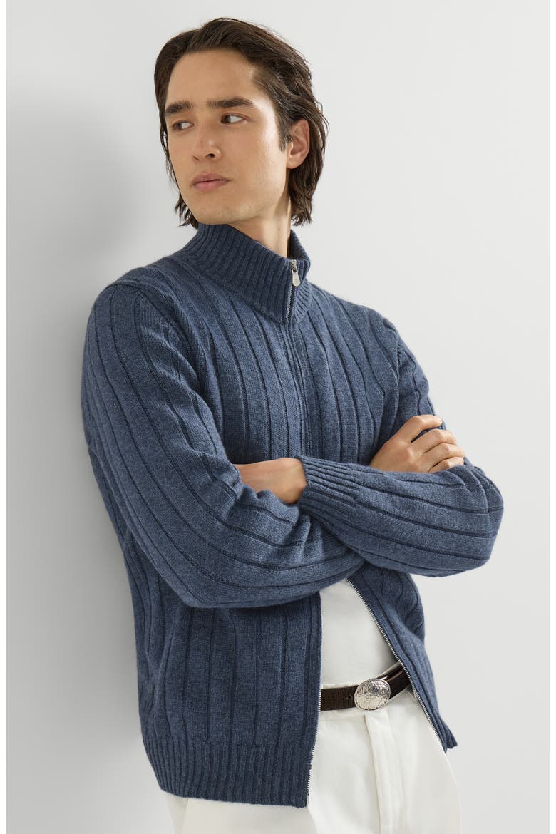 Cashmere ribbed cardigan with zip, Alternate, color, Denim