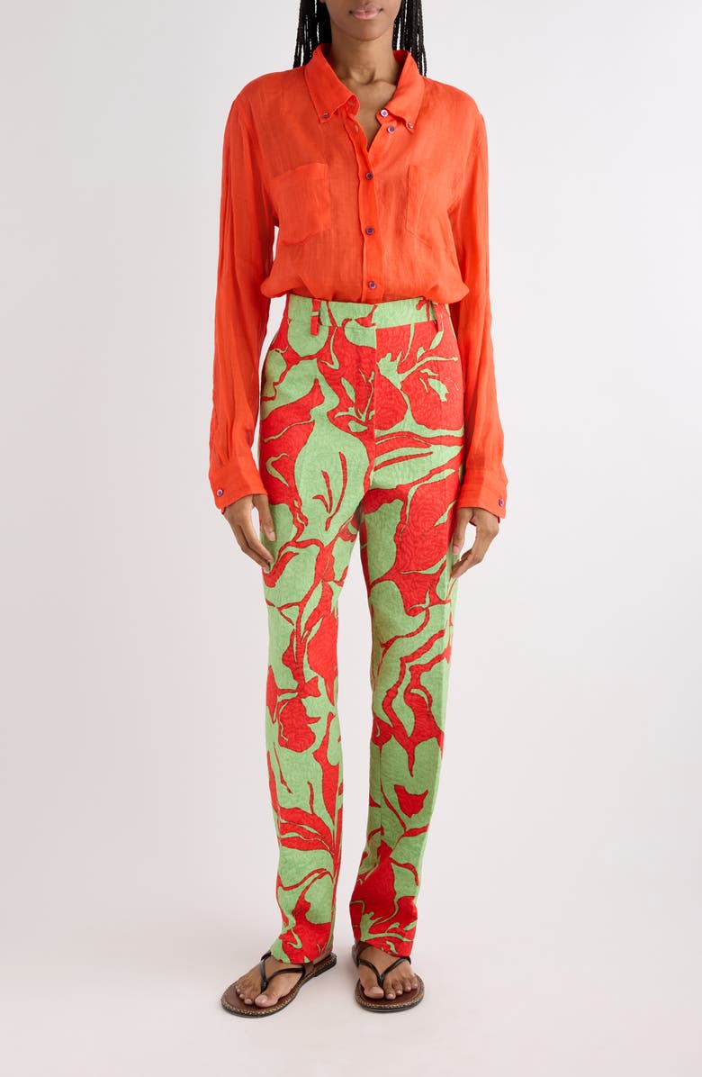 Dries Van Noten Cheers Ramie Mousseline Button-Down Shirt, Alternate, color, Red