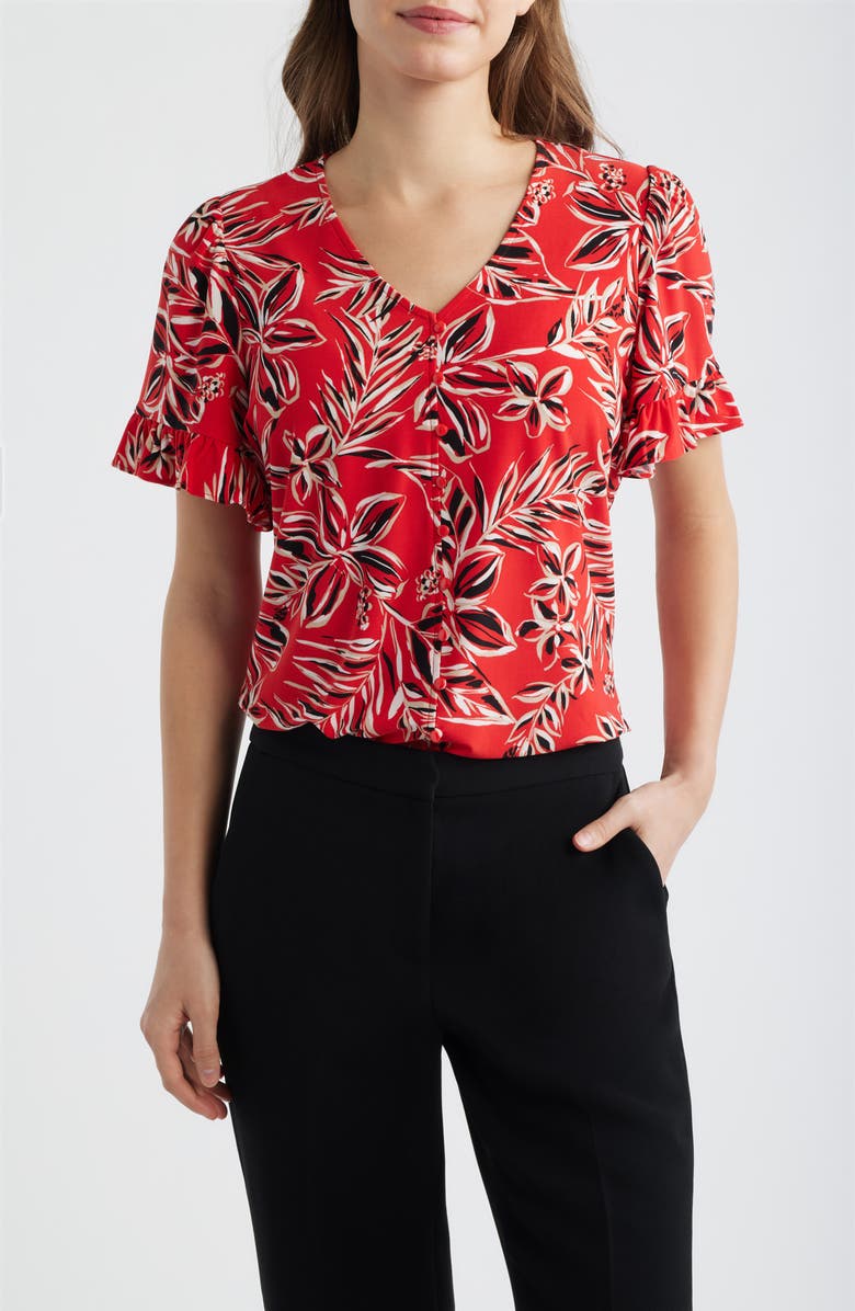 AK ANNE KLEIN Ruffle Accent Short Sleeve Button-Up Shirt, Main, color, 