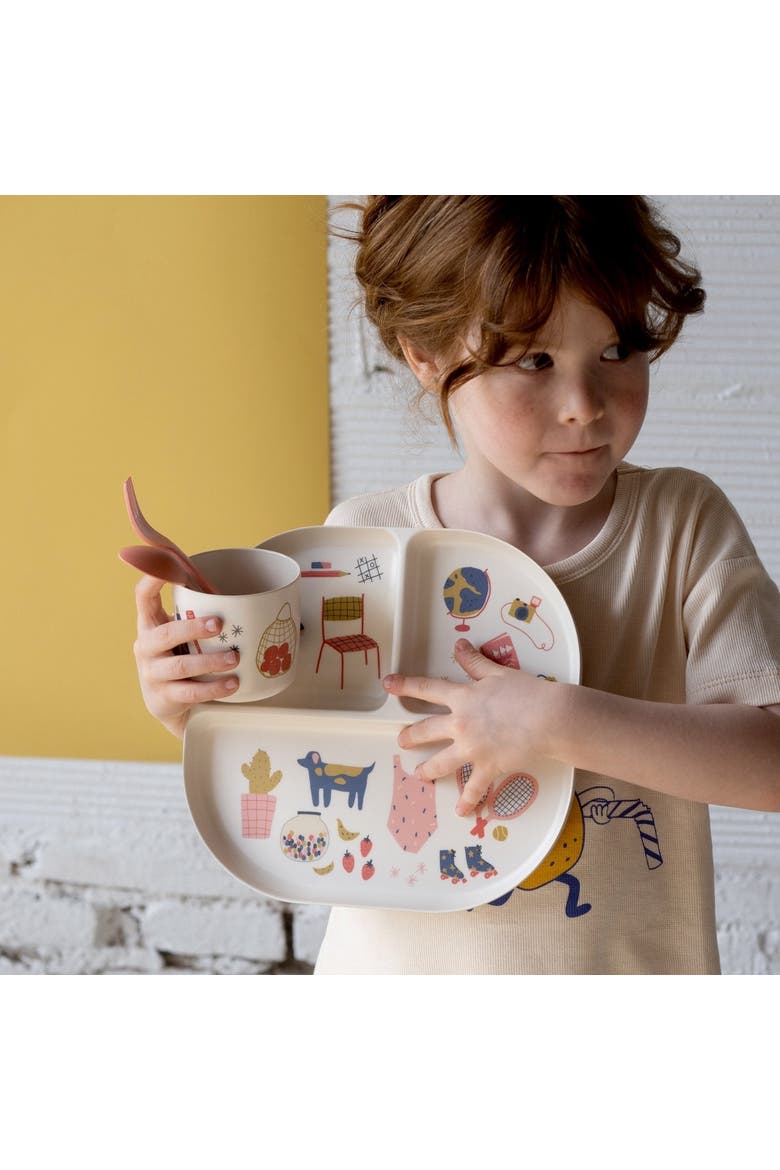 Illustrated Kid Dinner Set, Alternate, color, Coral