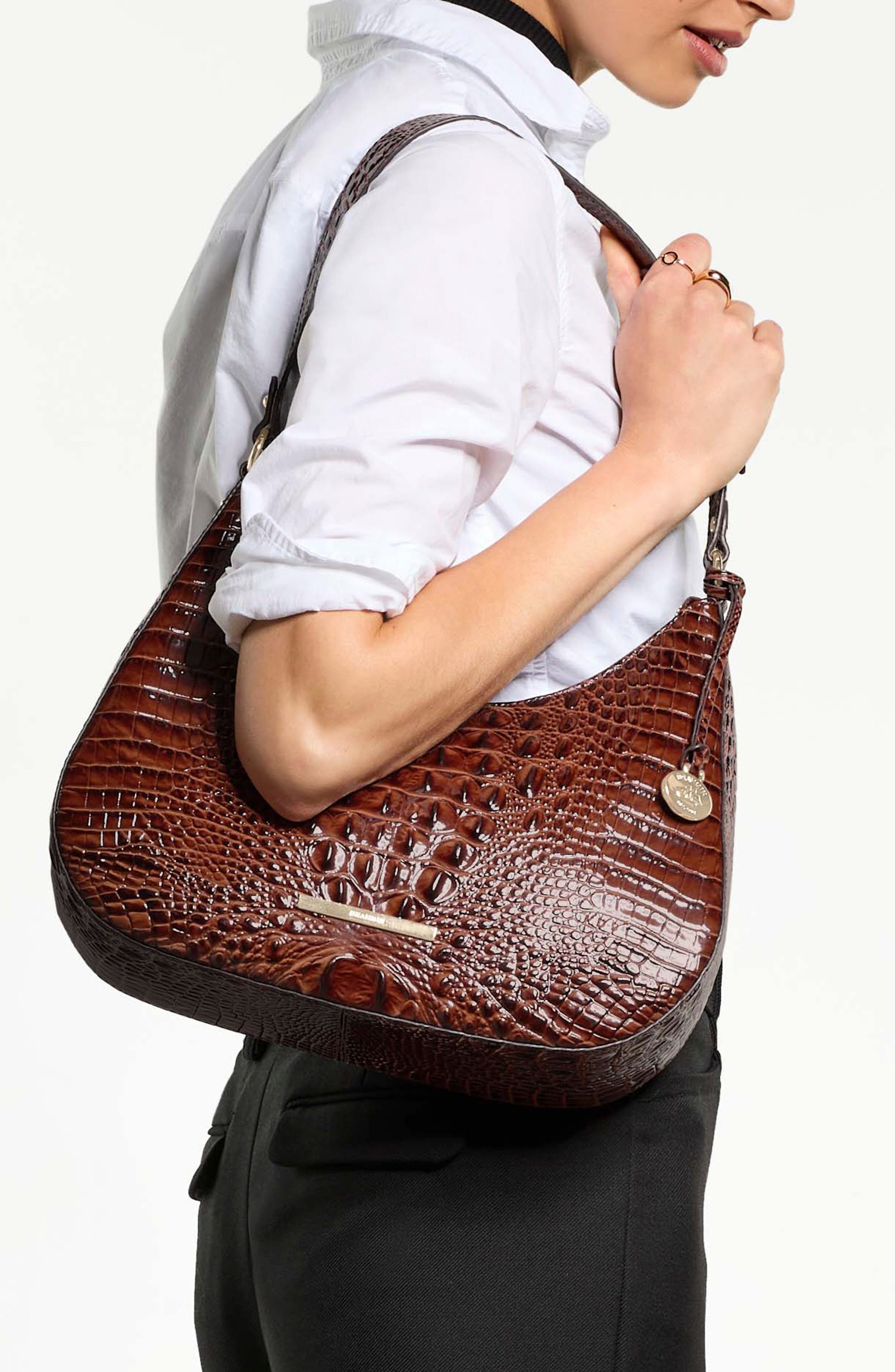 Stephie Croc Embossed Leather Shoulder Bag, Alternate, color, FOSSILIZED
