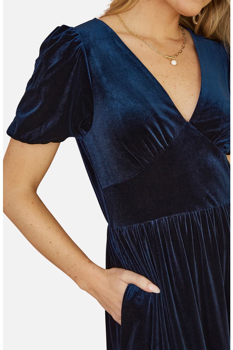 Velvet V-Neck Midi Dress, Alternate, color, Navy