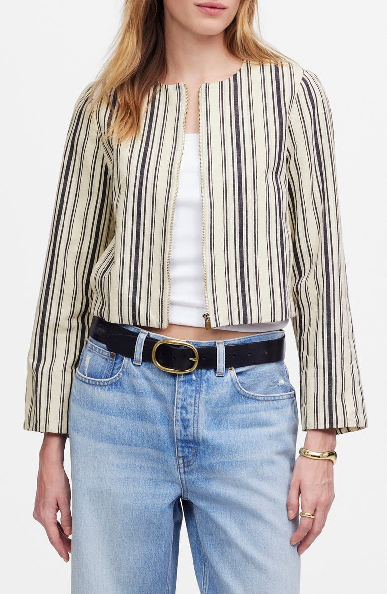 Madewell Stripe Crop Cotton & Linen Jacket, Main, color, Vintage Ivory