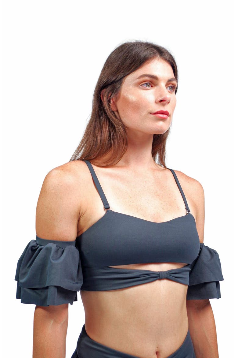 Ty Cutout Bikini Top With Ruffle Sleeves, Alternate, color, Charcoal Grey