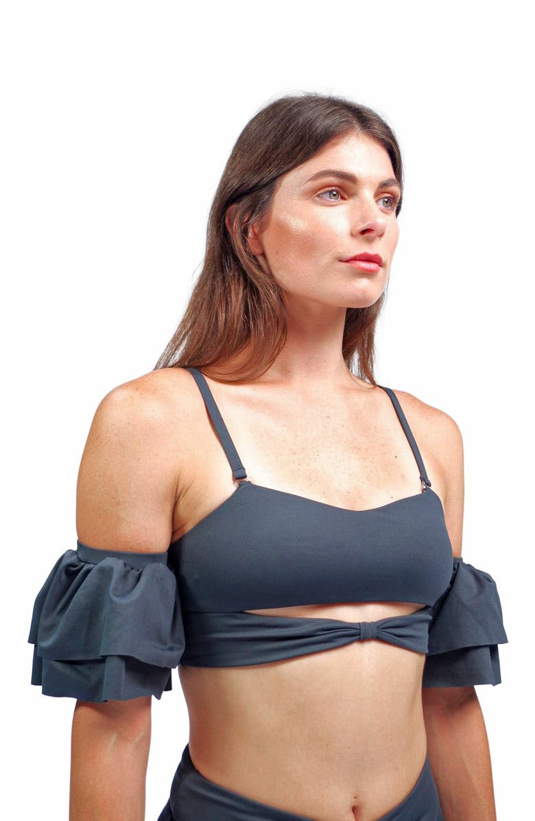 Mary Mercedes Ty Cutout Bikini Top With Ruffle Sleeves, Alternate, color, Charcoal Grey