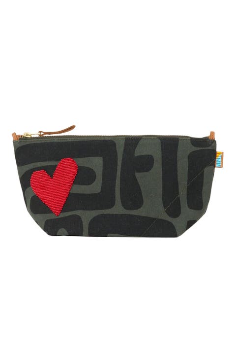 Large Convertible Pouch - Safari Kuba with Beaded Red Heart