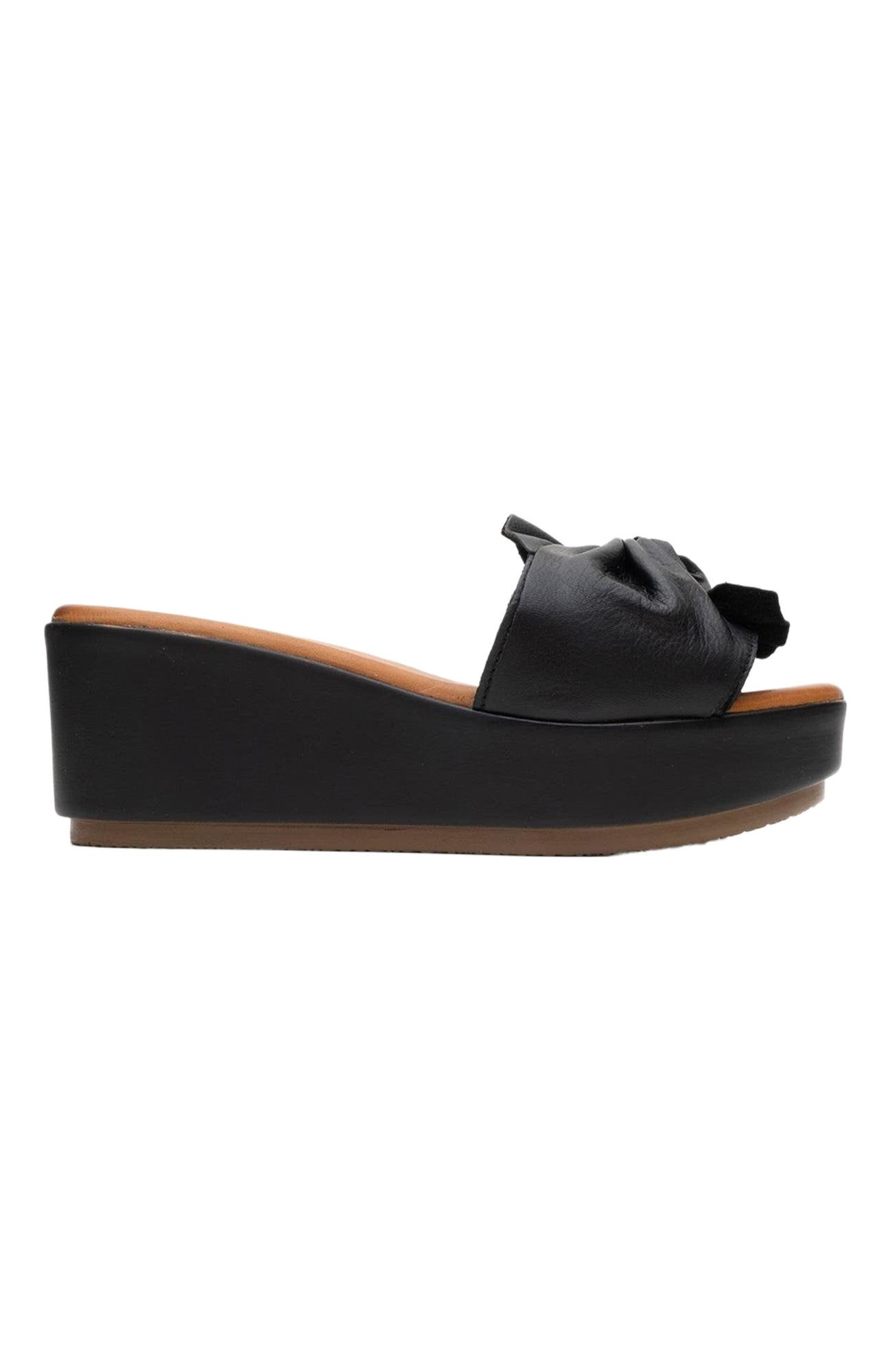Forever & Always Shoes Syndra Bow Wedge Leather Sandal, Alternate, color, Black Leather