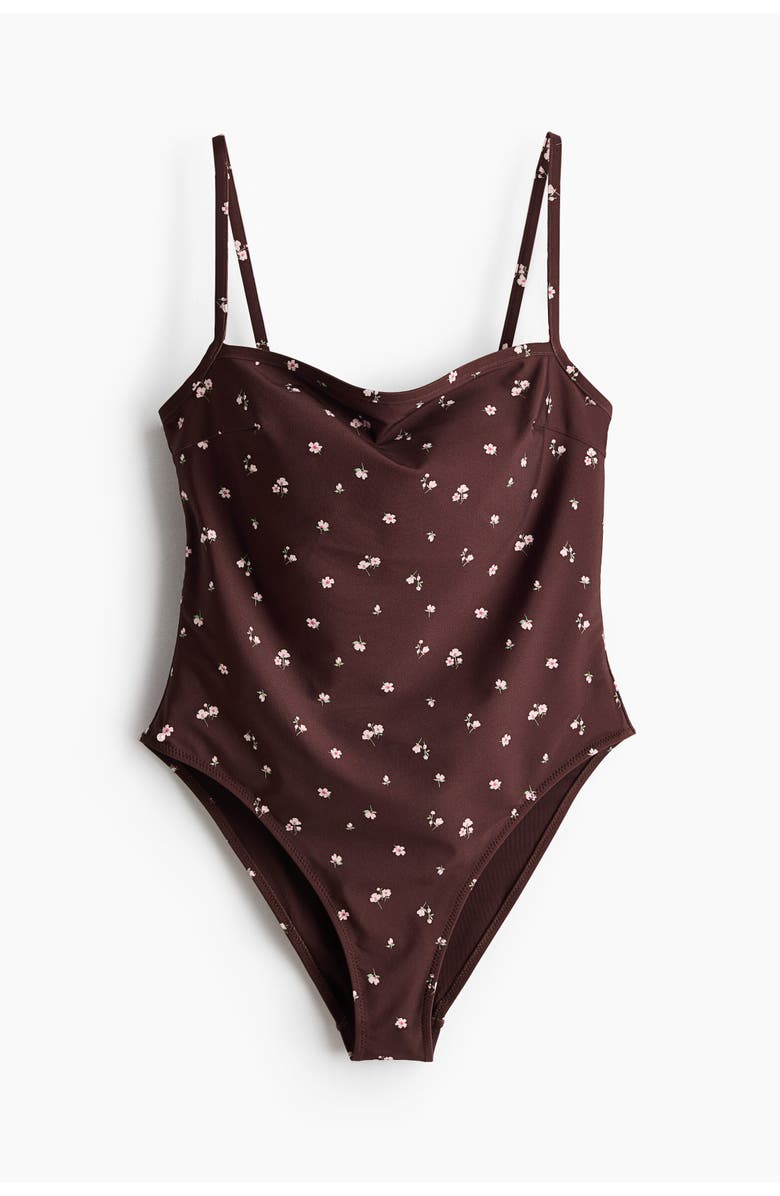 H&M Padded-cup High Leg Swimsuit, Main, color, Brown/Floral