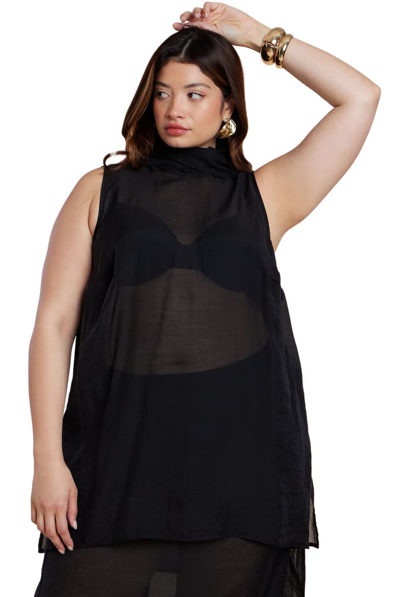 Sheer Neck-Tie Tunic, Main, color, BLACK ONYX