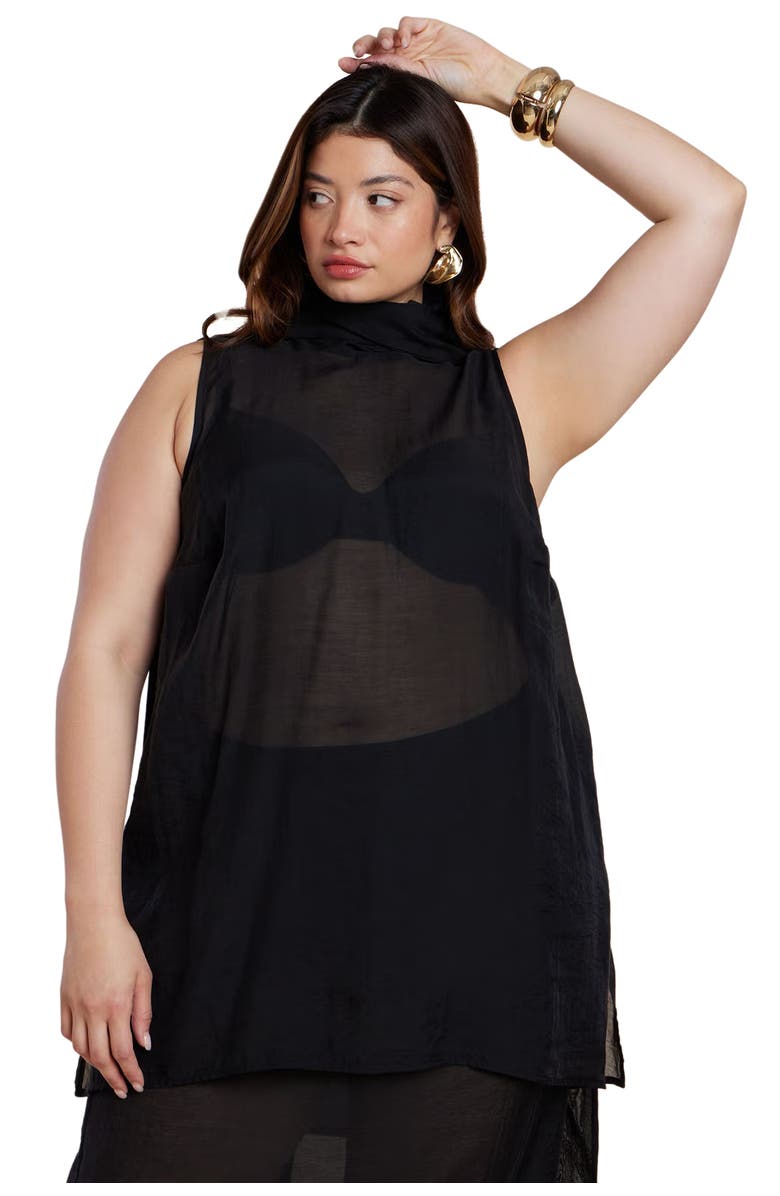 ELOQUII Sheer Neck-Tie Tunic, Main, color, Black Onyx