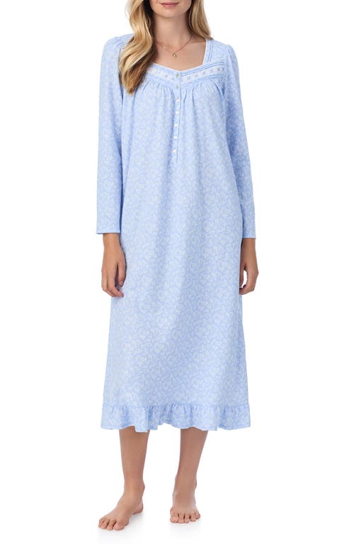 Eileen West Long Sleeve Cotton Jersey Nightgown in Aqua Prt 