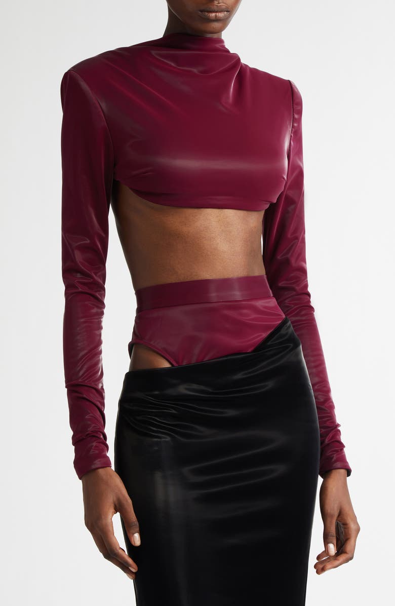 LaQuan Smith Portrait Neck Faux Leather Bolero, Alternate, color,