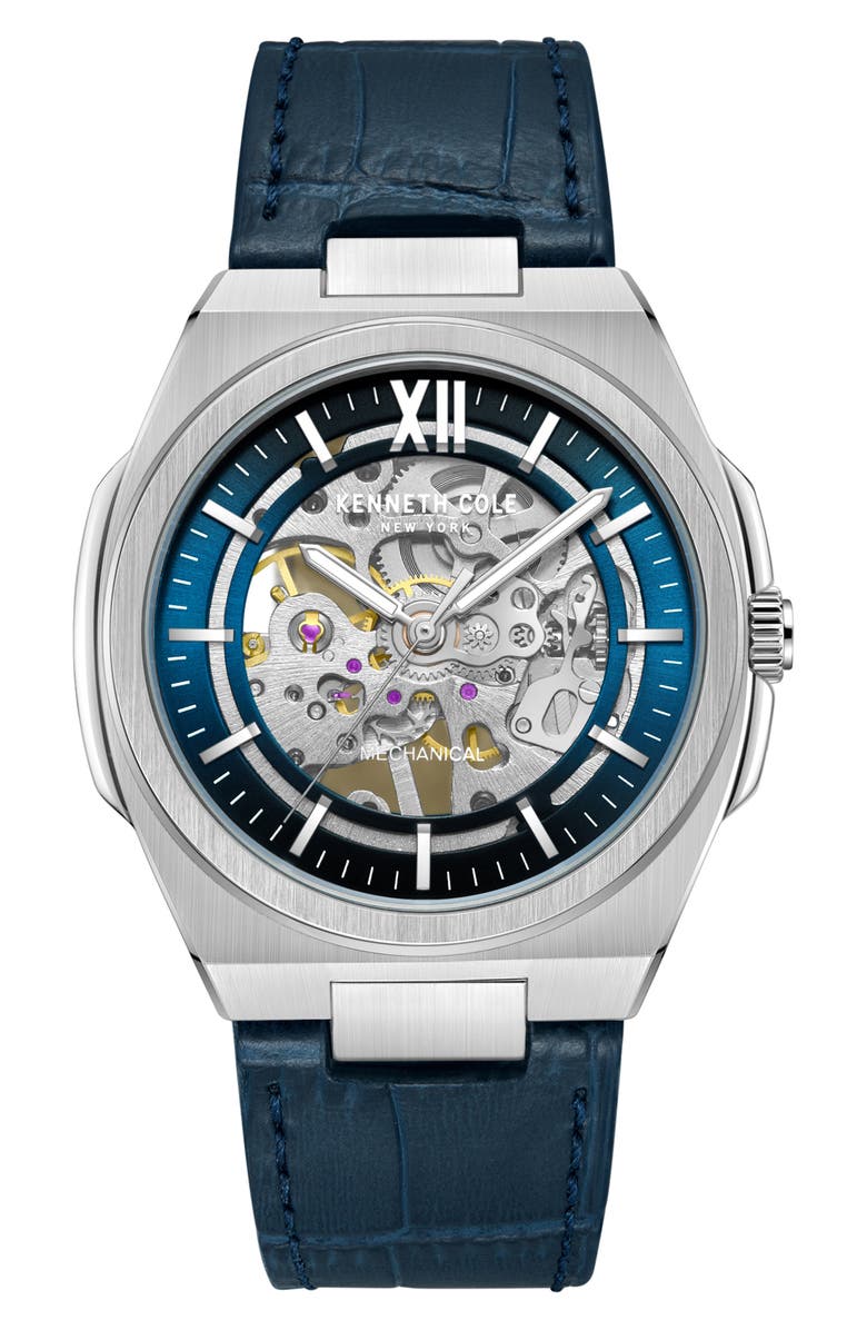 Kenneth Cole Mechanical Embossed Leather Strap Watch, 25mm, Main, color, 